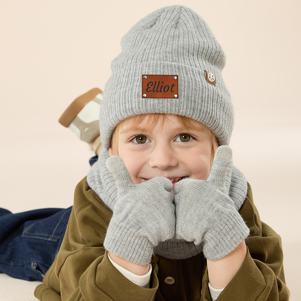 Personalized Kid Leather Patch Winter Beanie With Knitted Scarf Set 