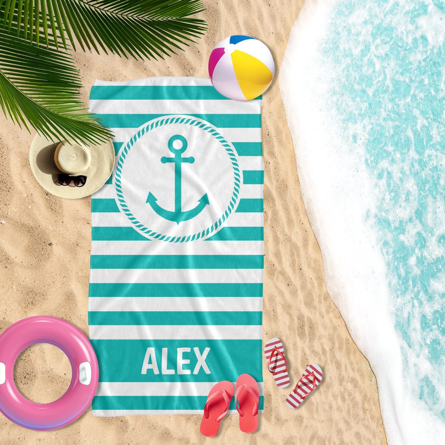 Personalized Striped Beach Towel with Anchor for Summer & Beach | KKTowel57