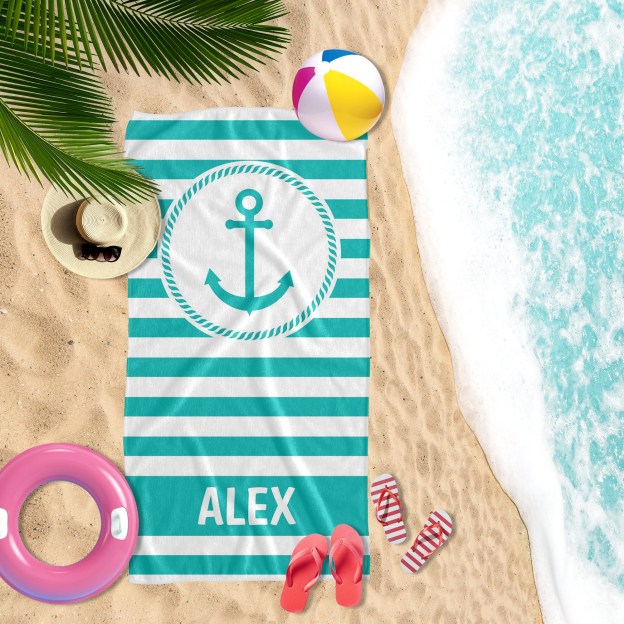 Personalized Striped Beach Towel with Anchor for Summer & Beach | KKTowel57