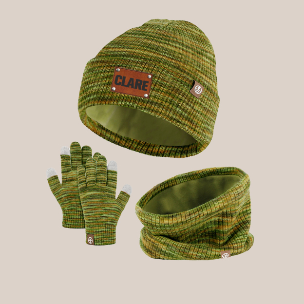 Personalized Kid Leather Patch Winter Beanie With Knitted Scarf Set 