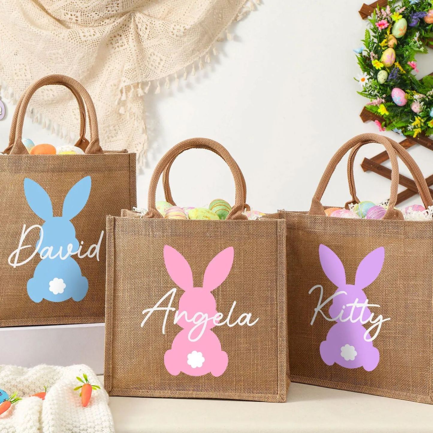 Personalized Kid Easter Bunny Jute Bag 