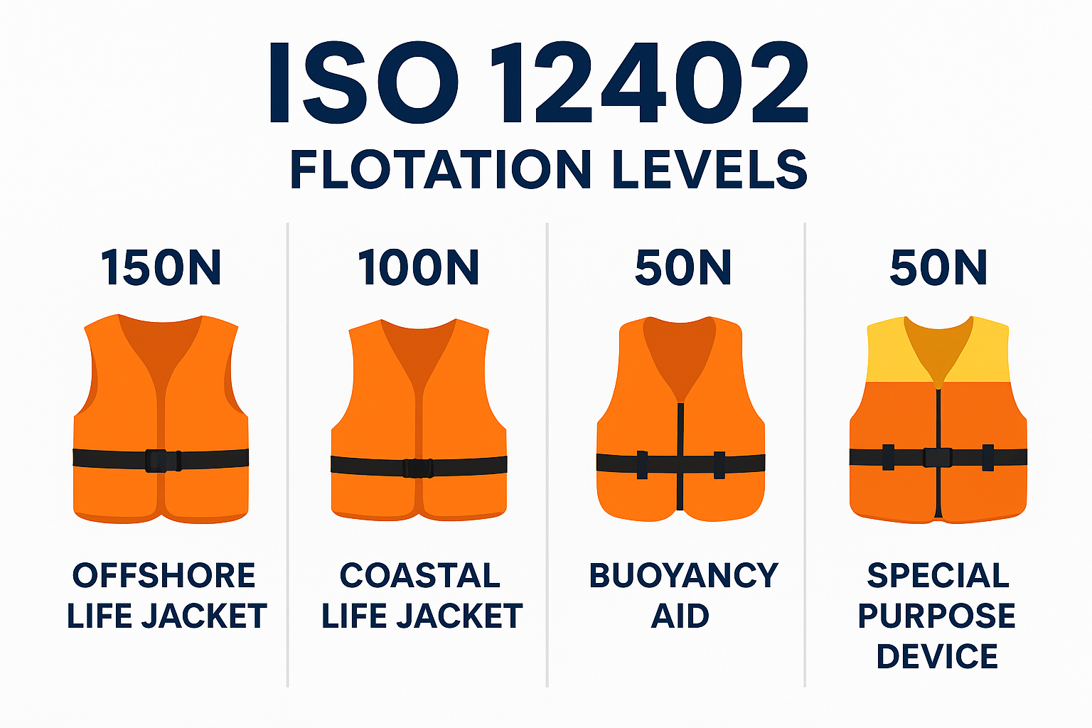 ISO 12402 flotation levels infographic showing 50N, 100N, and 150N life jackets