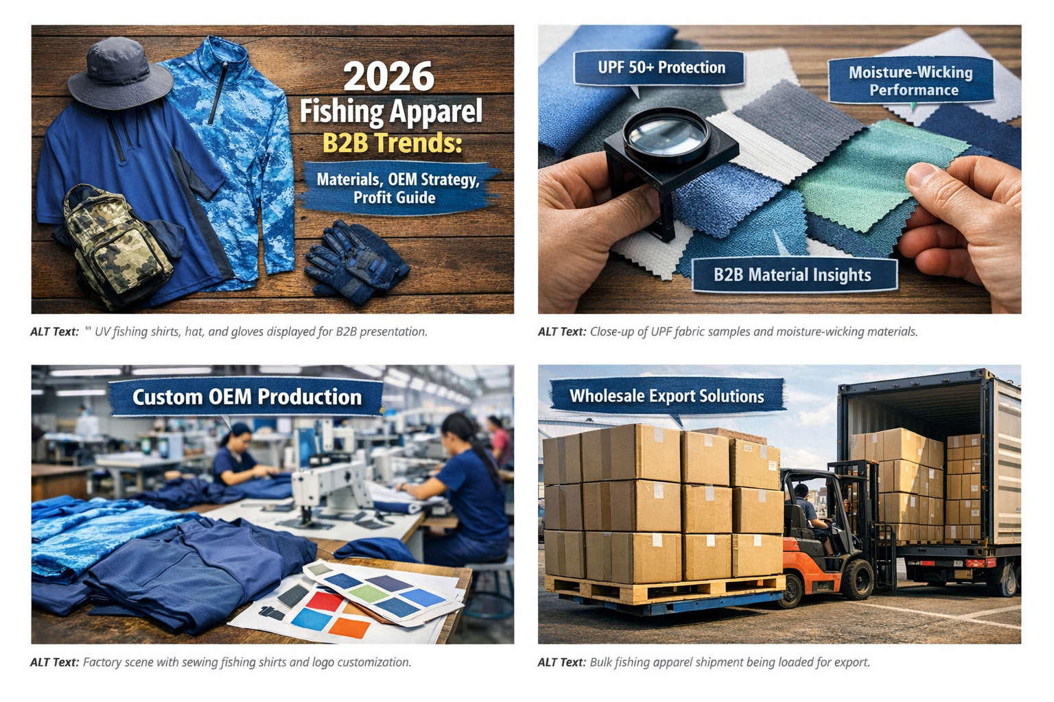 Fishing apparel wholesale display including UV fishing shirts, hats and gloves for B2B buyers