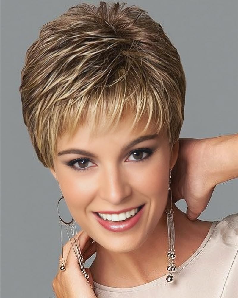 Pixie Cut Wigs for Women Highlight Wigs with Bangs Natural Hair Replacement Wig