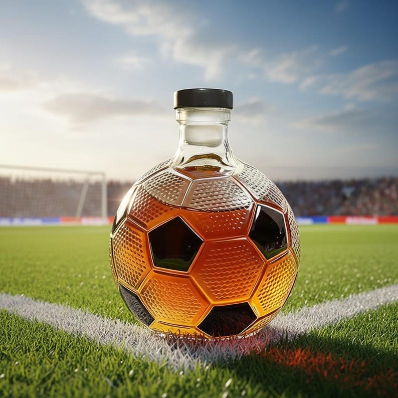 May include: A football-shaped glass decanter filled with amber liquid, likely liquor, with a black cap. The decanter sits on a green soccer field, with a goal and stadium in the background. The design mimics a soccer ball.