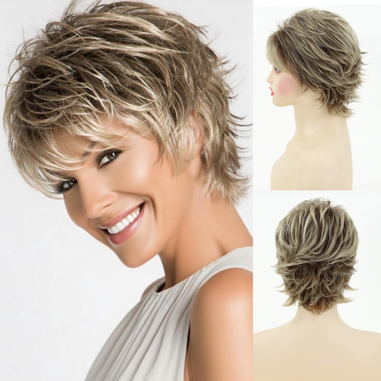 Pixie Cut Wigs for Women Highlight Wigs with Bangs Natural Hair Replacement Wig