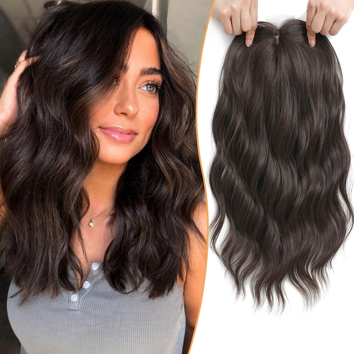 HOT SALE🔥100% Human Wavy Curly Hair Topper with Dark Root - Clip In Hair Topper for Women