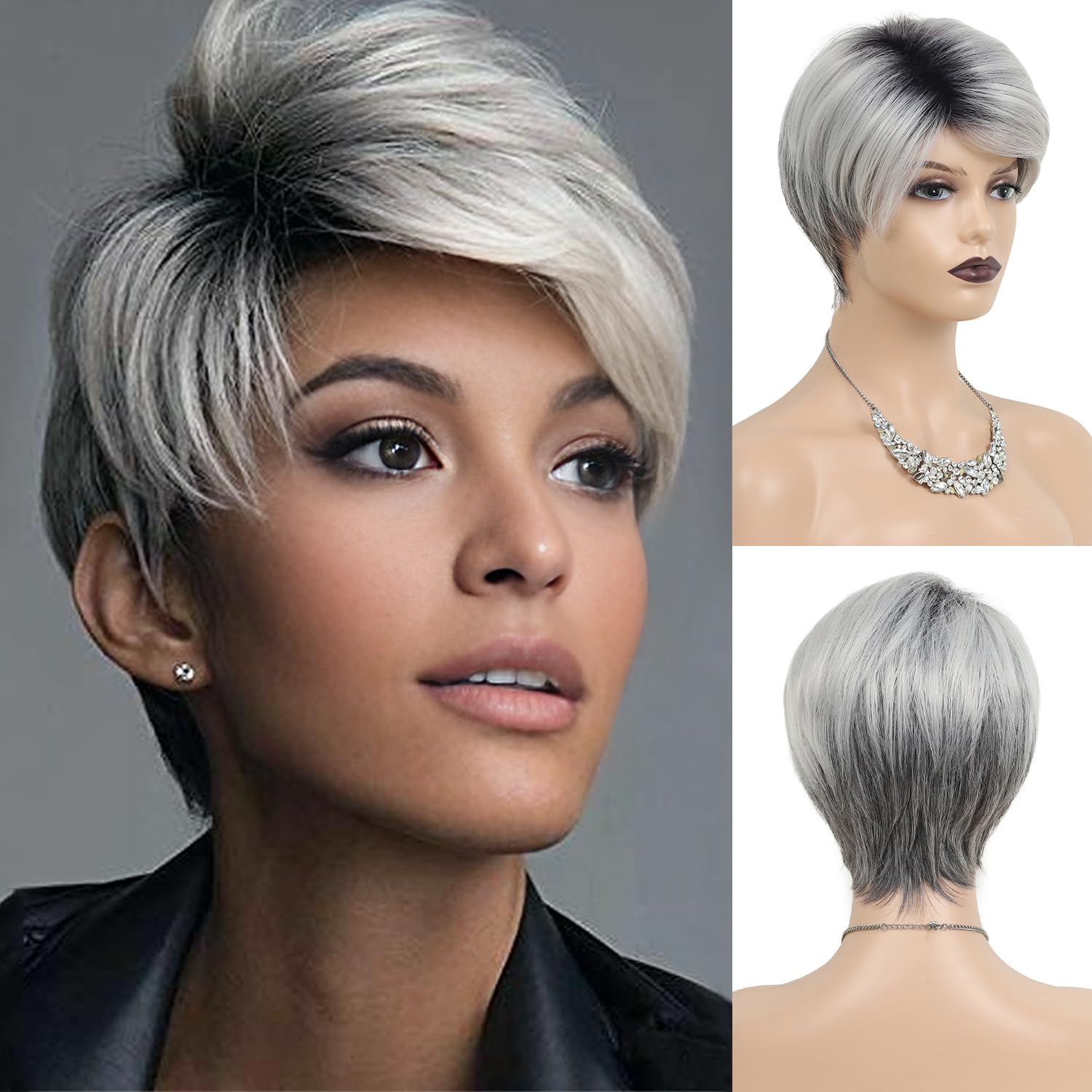 Pixie Cut Wigs for Women Highlight Wigs with Bangs Natural Hair Replacement Wig