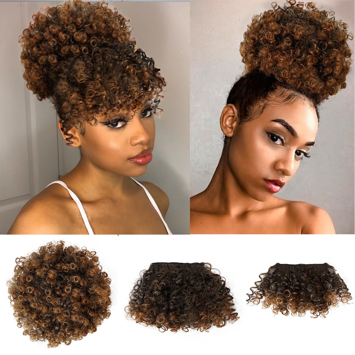 Drawstring Afro Puff Ponytail Extension for Black Women - Short Red Curly Ponytail with Bangs Clip in Wrap Updo Hairpieces