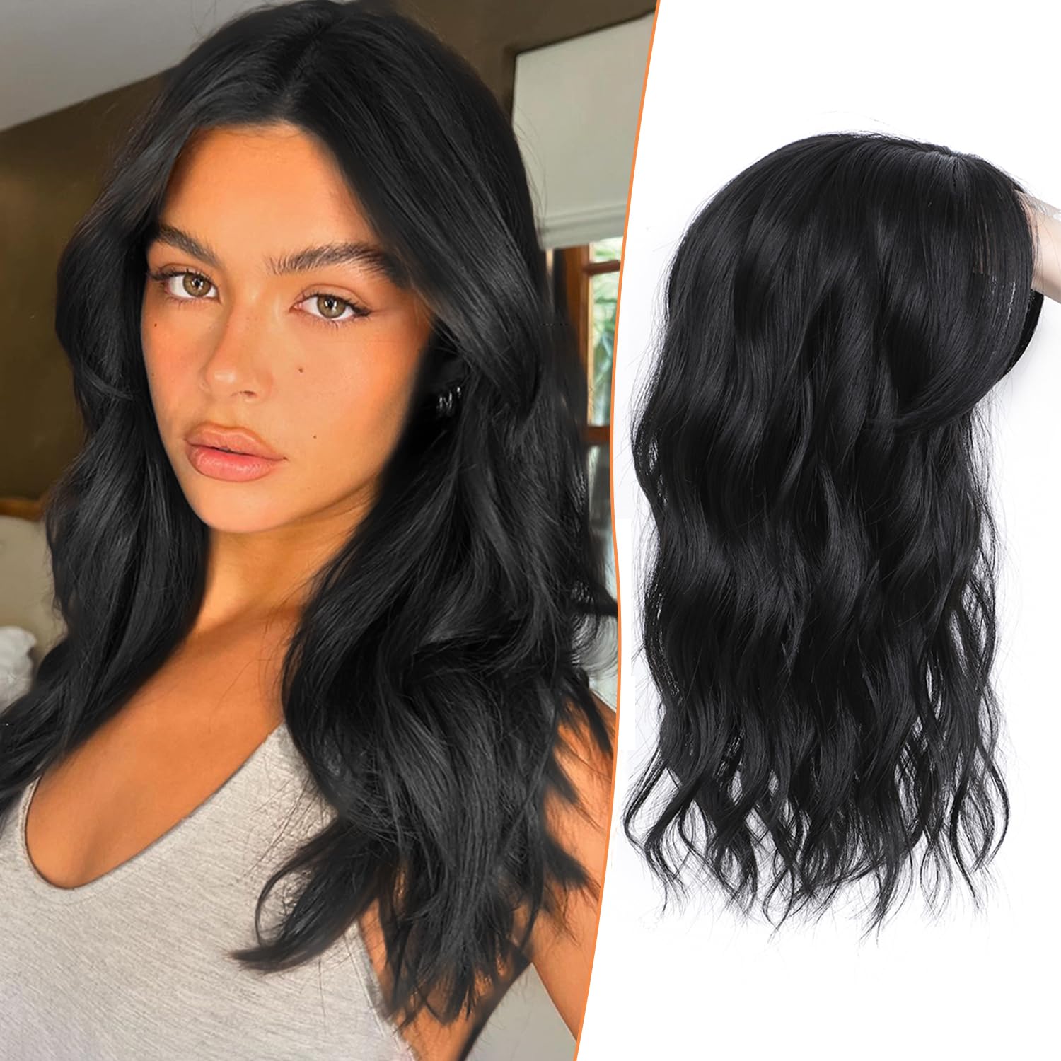 HOT SALE🔥100% Human Wavy Curly Hair Topper with Dark Root - Clip In Hair Topper for Women