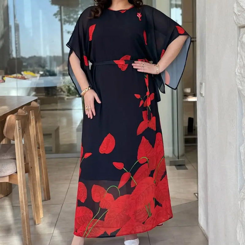 👗 Flutter Dress with Round Neck & Belt 🌸 | Floral Print | Adjustable Silhouette