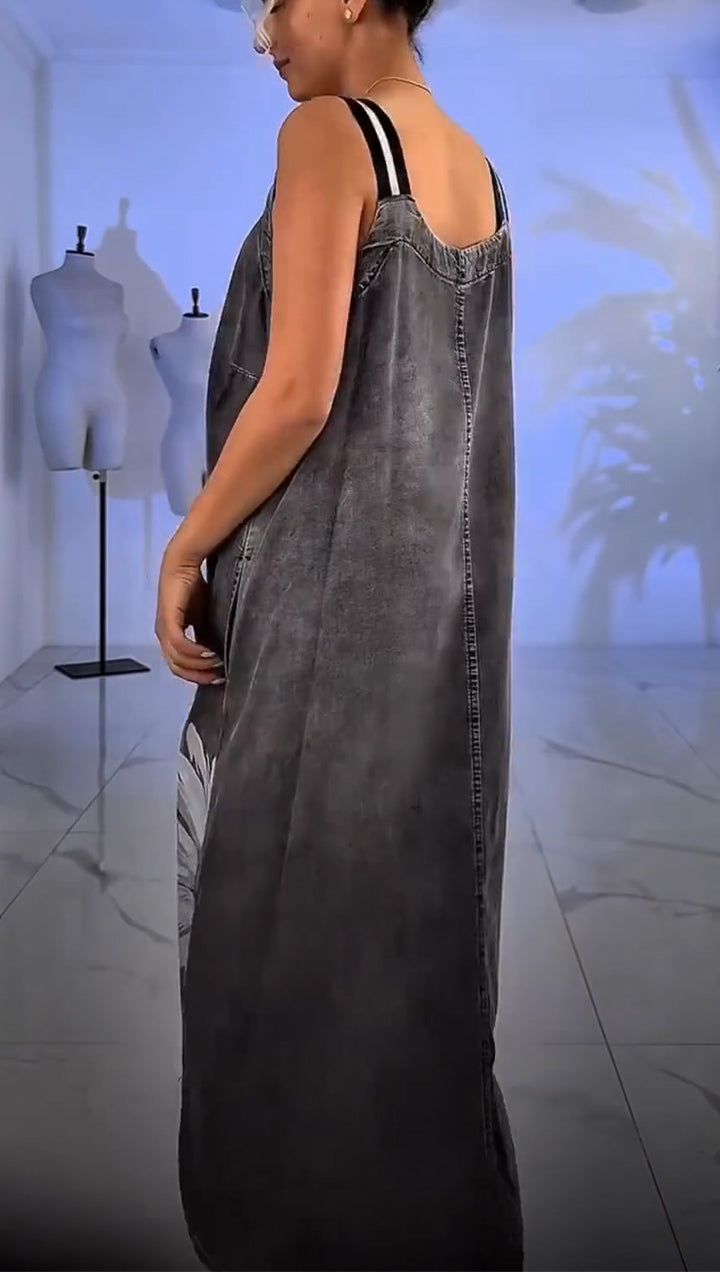 Rochie de damă cu bretele, imprimată, lavabilă, casual, lejeră, croială