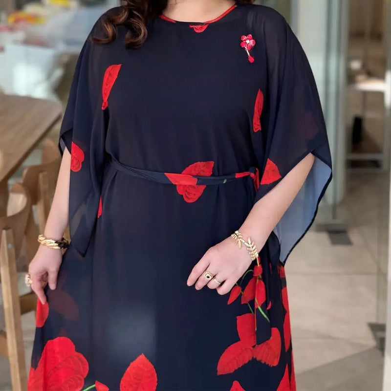 👗 Flutter Dress with Round Neck & Belt 🌸 | Floral Print | Adjustable Silhouette