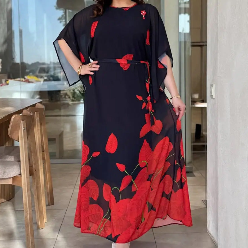 👗 Flutter Dress with Round Neck & Belt 🌸 | Floral Print | Adjustable Silhouette