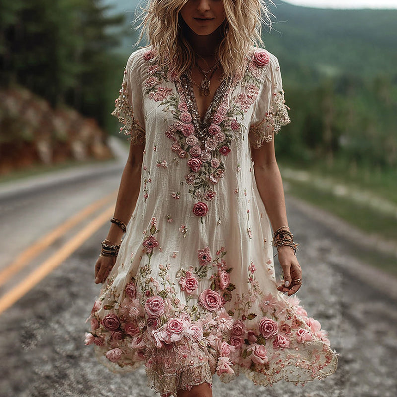 Vestido vintage de manga curta com bordado floral