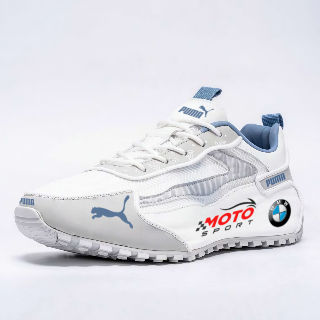 Buty sportowe Puma w stylu wyścigowym, łączące elementy Moto Sport i BMW.