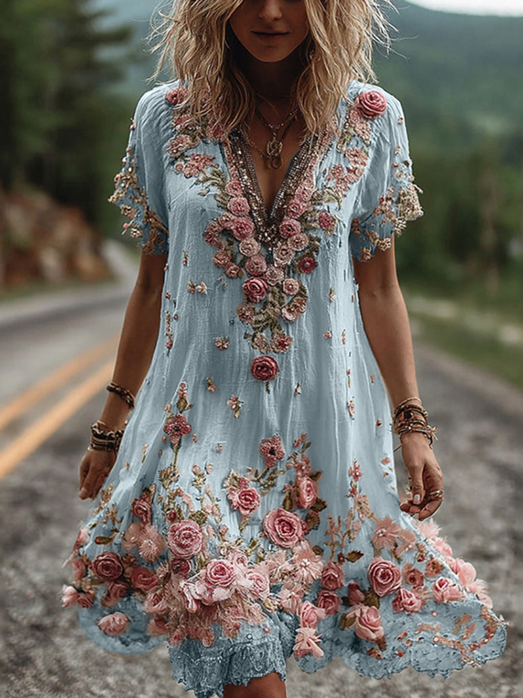 Vestido vintage de manga curta com bordado floral