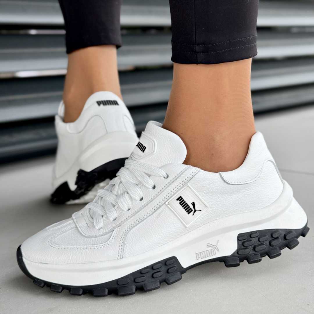 Puma Buty Damskie Białe z Skóry, Styl Retro z Wygodną Czarą Podeszwą