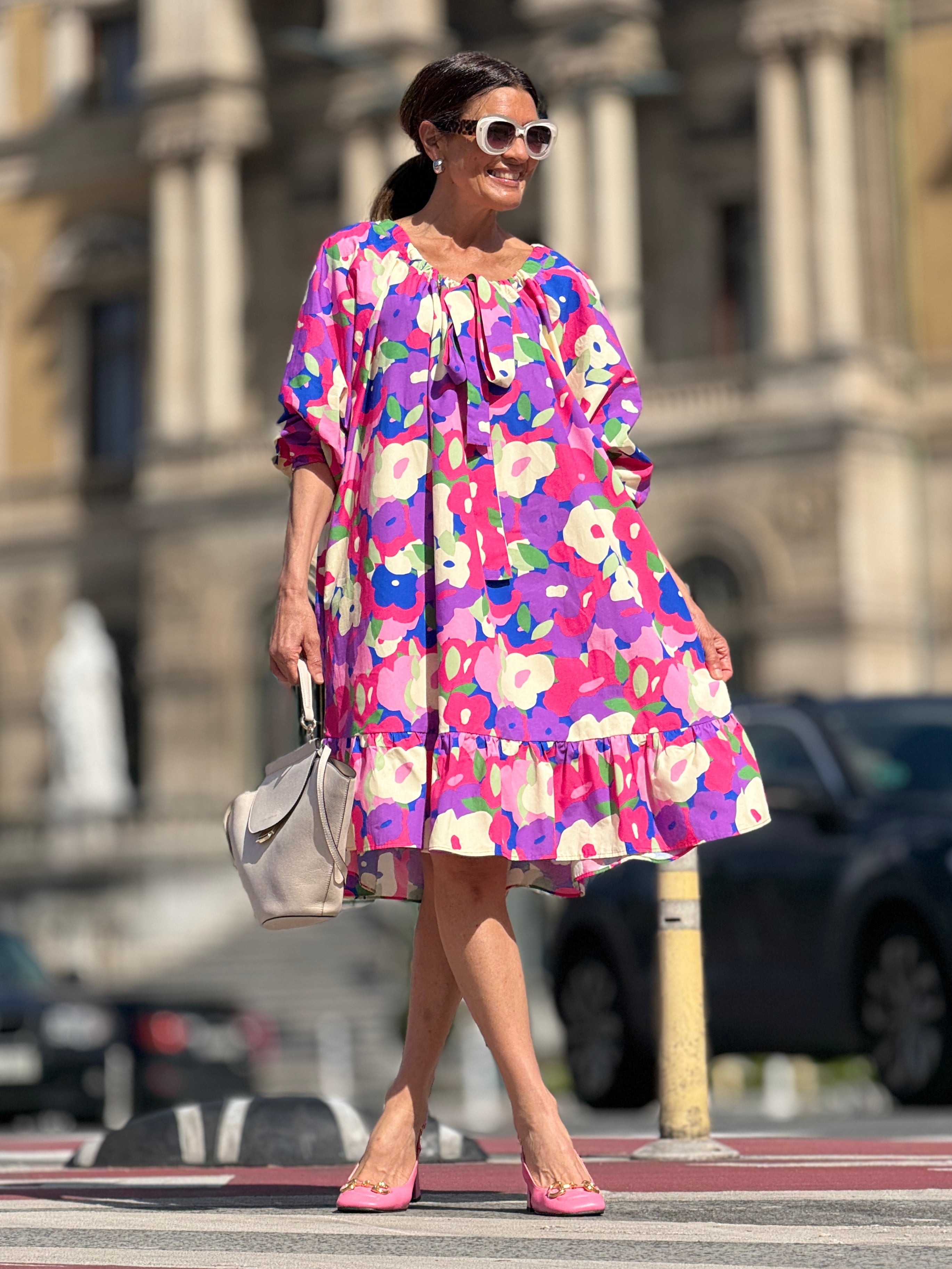 Fustă-cămașă cu imprimeu floral, cu un singur umăr și două sensuri