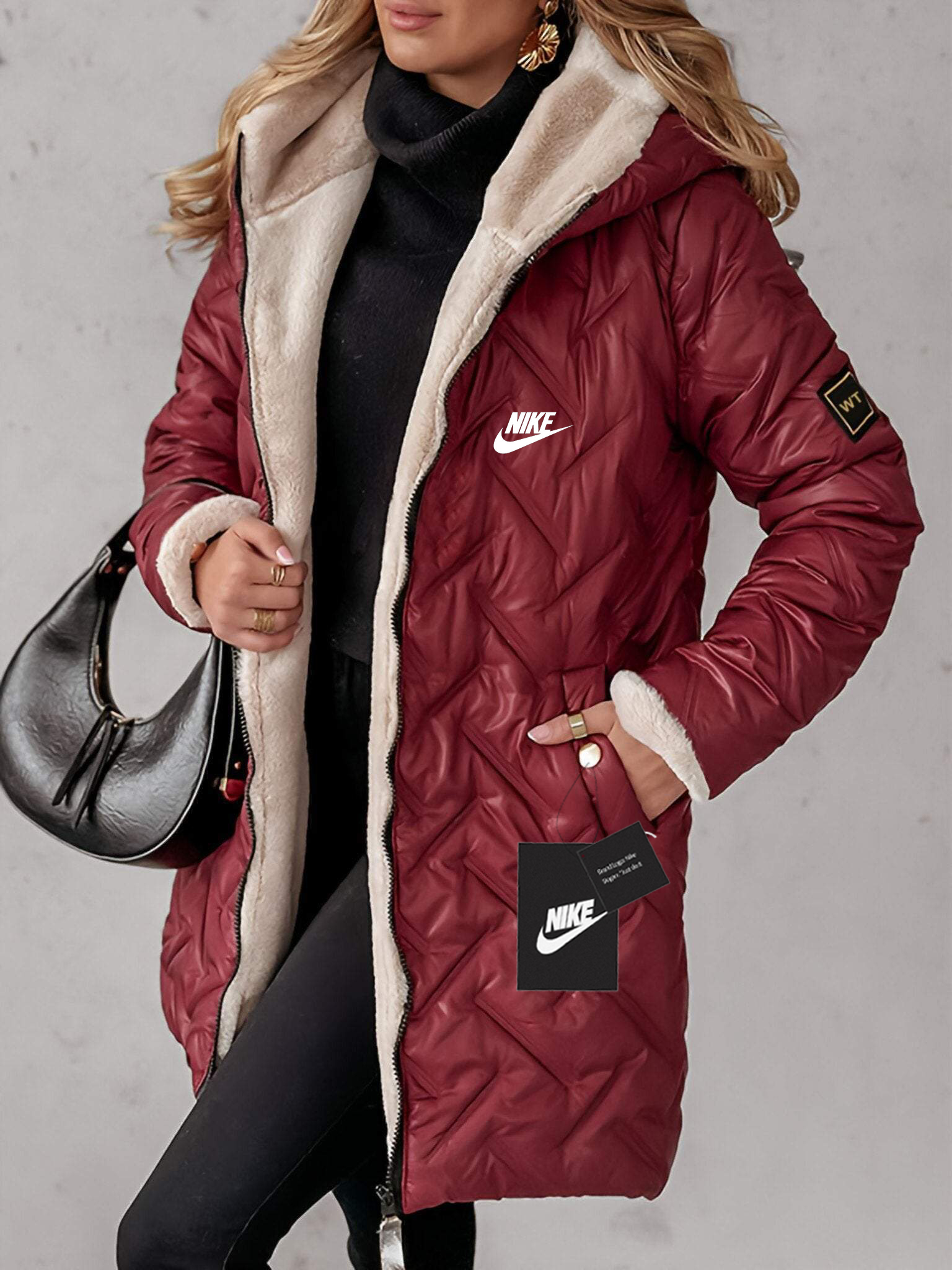 Damski pluszowy, długi płaszcz z kapturem