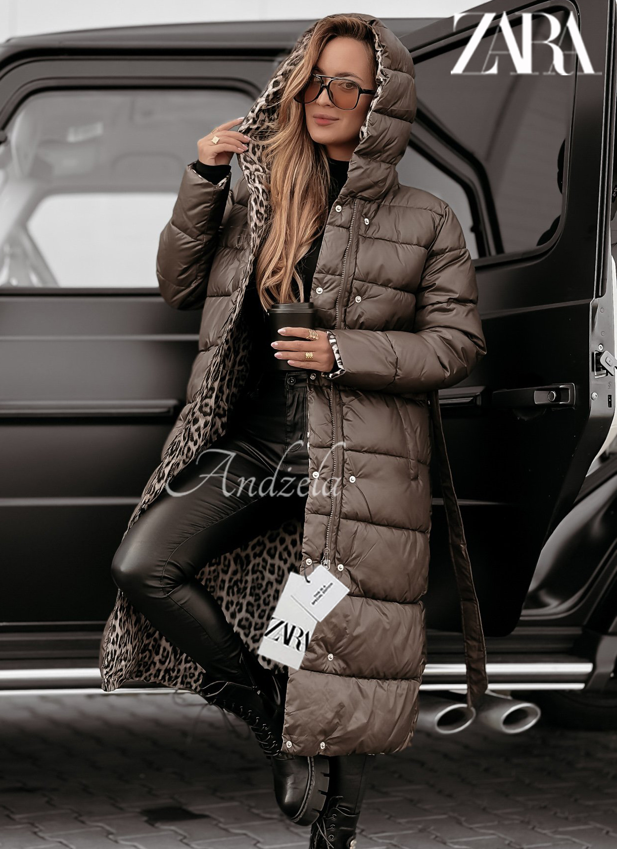 Divatos és meleg, kétoldalas hosszú kabát leopárdmintával