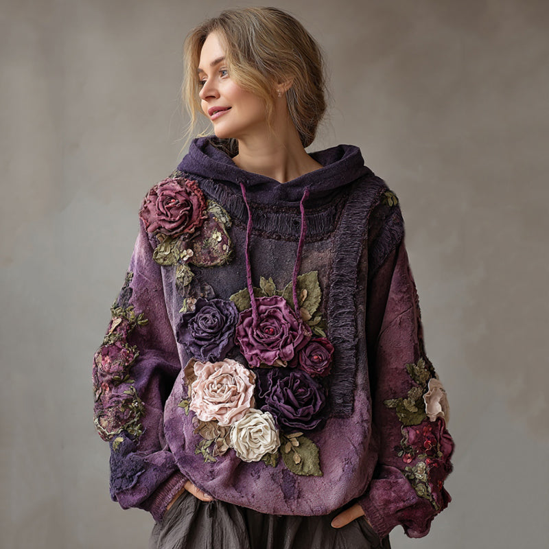 Hanorac cu glugă confortabil pentru femei, cu broderie violetă și trandafiri