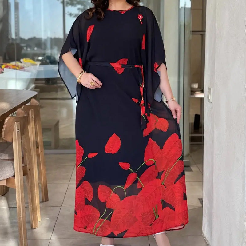 👗 Flutter Dress with Round Neck & Belt 🌸 | Floral Print | Adjustable Silhouette