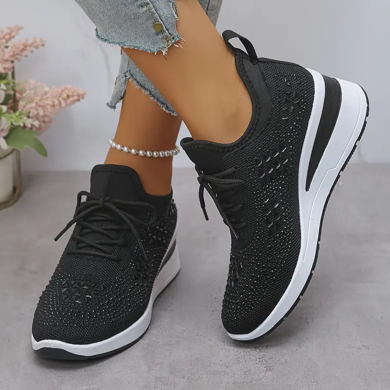 Dowody ozdobne czarne trampki Wygodne niskie koronkowe buty z gęstą amortyzowaną wydychaną tkaniną górną górną częścią do noszenia wszechstronne dla dam trampki na co dzień Stylowe trwałe gumowe szczegóły 1