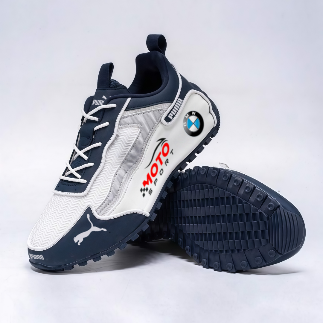 Buty sportowe Puma w stylu wyścigowym, łączące elementy Moto Sport i BMW.