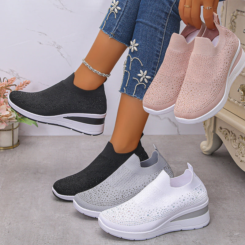 🔥Bestseller - 50% zniżki🔥Damskie, ortopedyczne, wsuwane trampki na obcasie typu wedge z siateczki z kryształkami