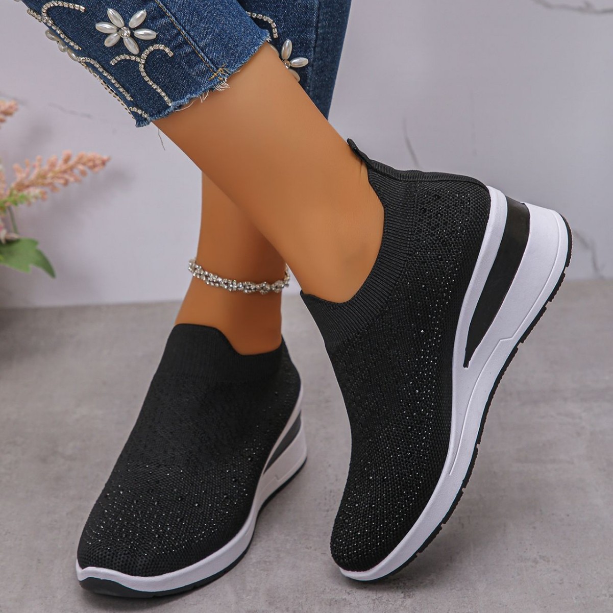 🔥Bestseller - 50% zniżki🔥Damskie, ortopedyczne, wsuwane trampki na obcasie typu wedge z siateczki z kryształkami
