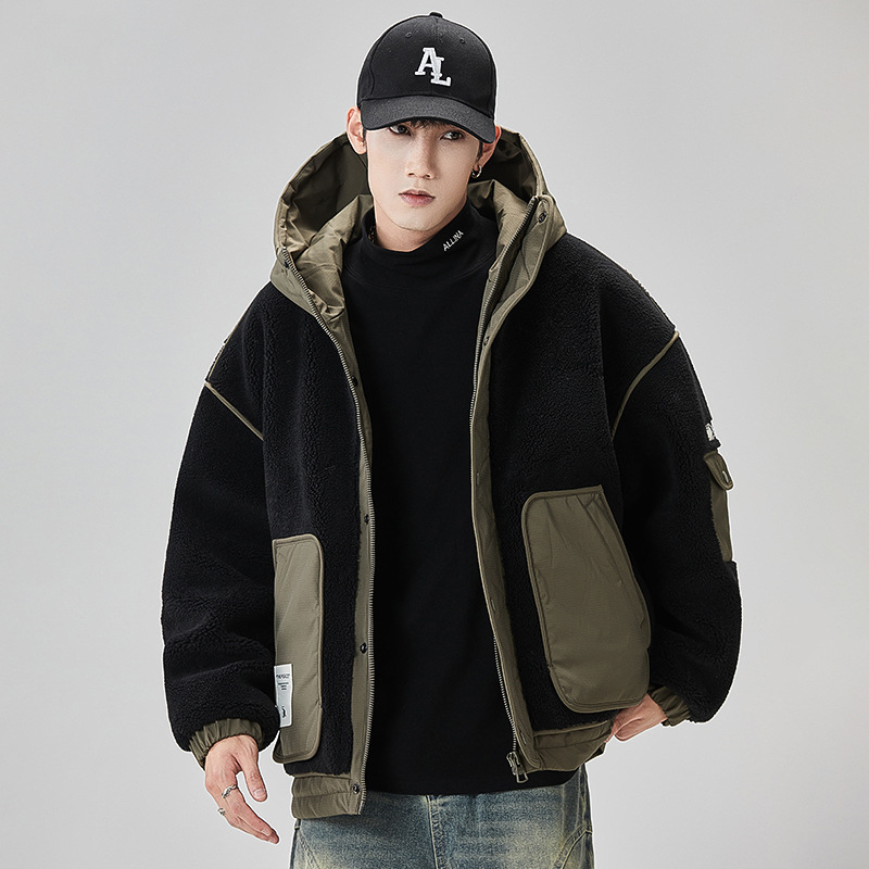 GURBAKS秋冬新款潮牌連帽撞色羽絨服外套男裝拼接工裝顆粒絨羽絨