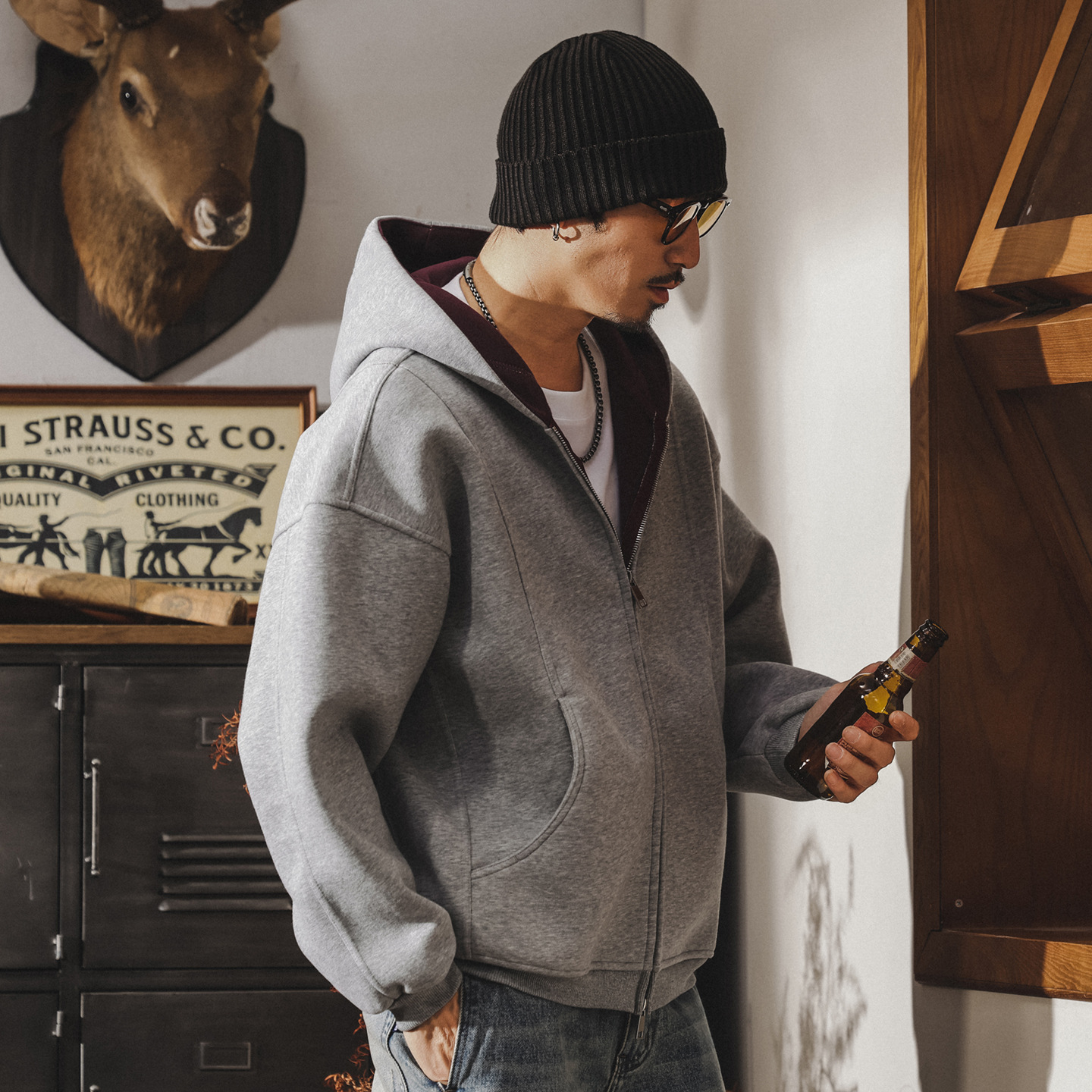 美式復古重磅開衫連帽衛衣男春秋新款雙拉鍊外套男士秋冬寬鬆上衣