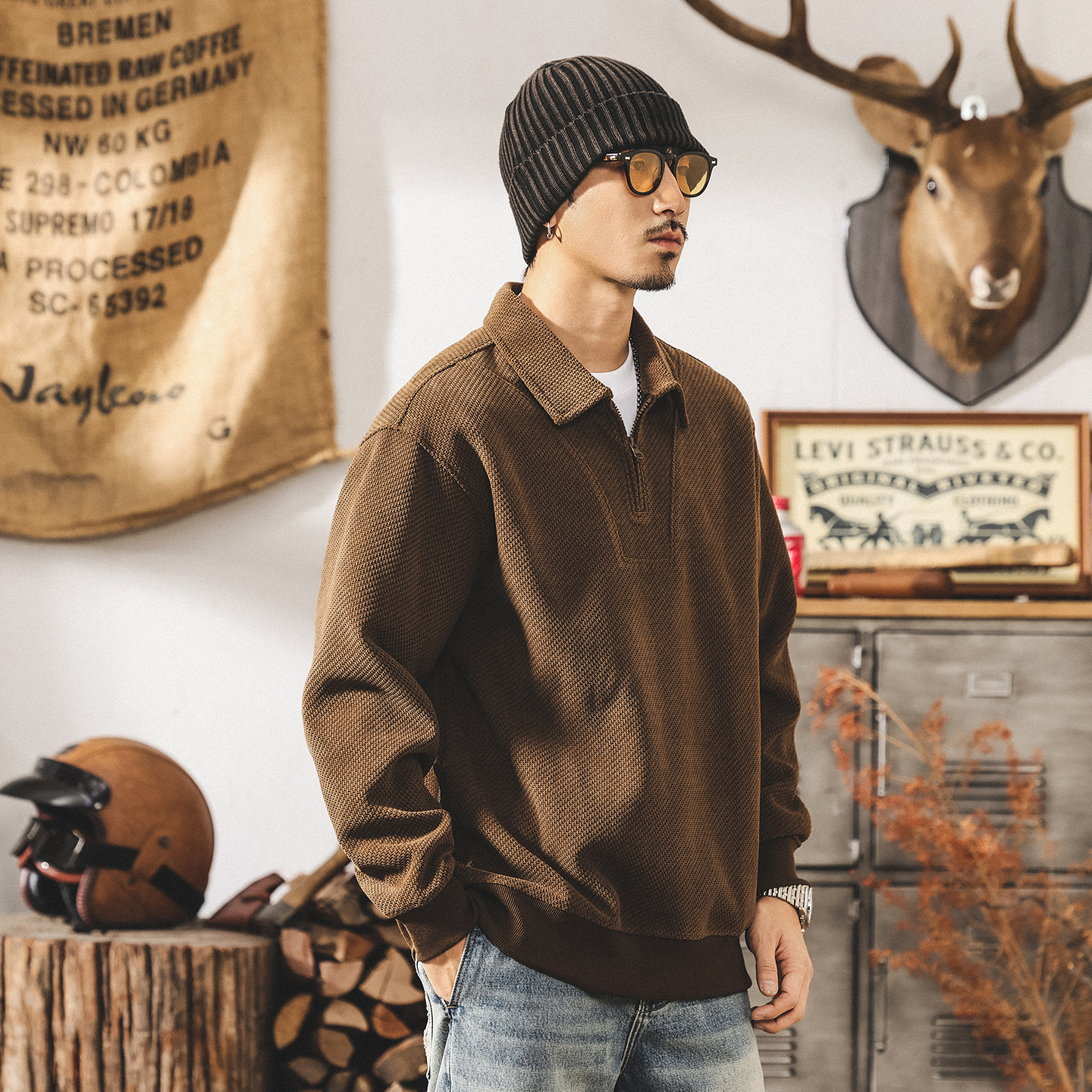 美式復古歐棉絨360g重磅衛衣男春秋款款式潮牌半拉鍊秋冬男士上衣