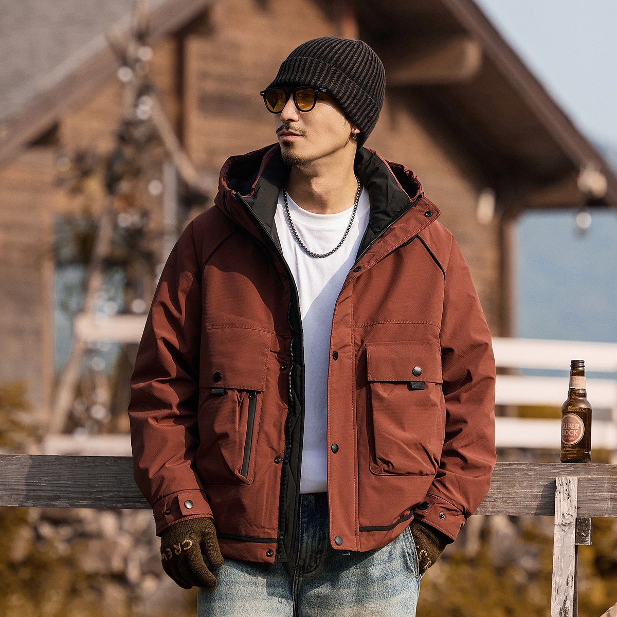 美式復古高蓬鬆工裝羽絨服男冬季連帽戶外防風多口袋機能風外套男