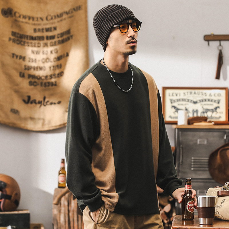 美式重磅復古長袖T恤男秋季寬鬆2024新款潮牌拼接設計休閒男上衣