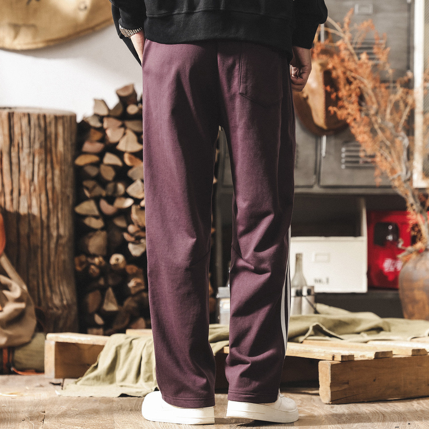 美式復古條紋運動厚棉褲男2026春季潮流新款直筒男士褲子寬鬆休閒