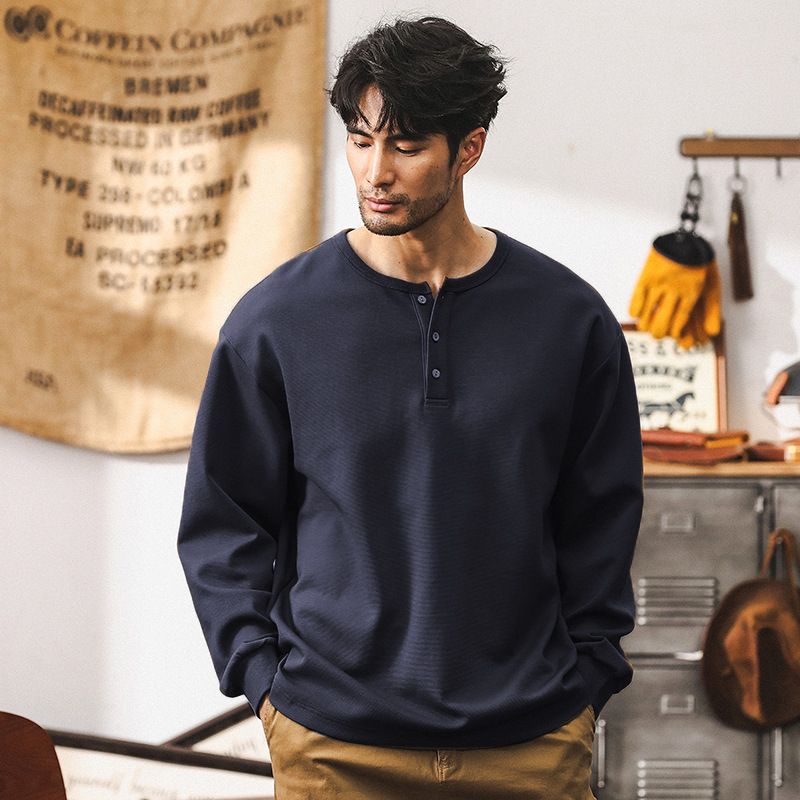 美式復古330g重磅T恤男長袖秋季潮牌2024新款硬漢亨利領polo衫男T