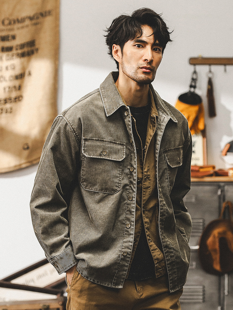 美式重磅燈芯絨長袖襯衫男工裝外套複古做舊秋季男款寬松休閑夾克