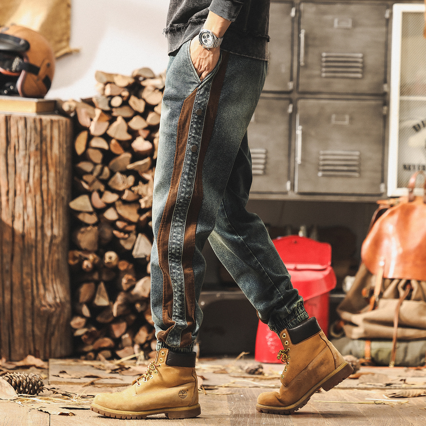 美式復古秋季牛仔褲2025新款潮牌拼接潮牌潮流設計感休閒工裝褲子