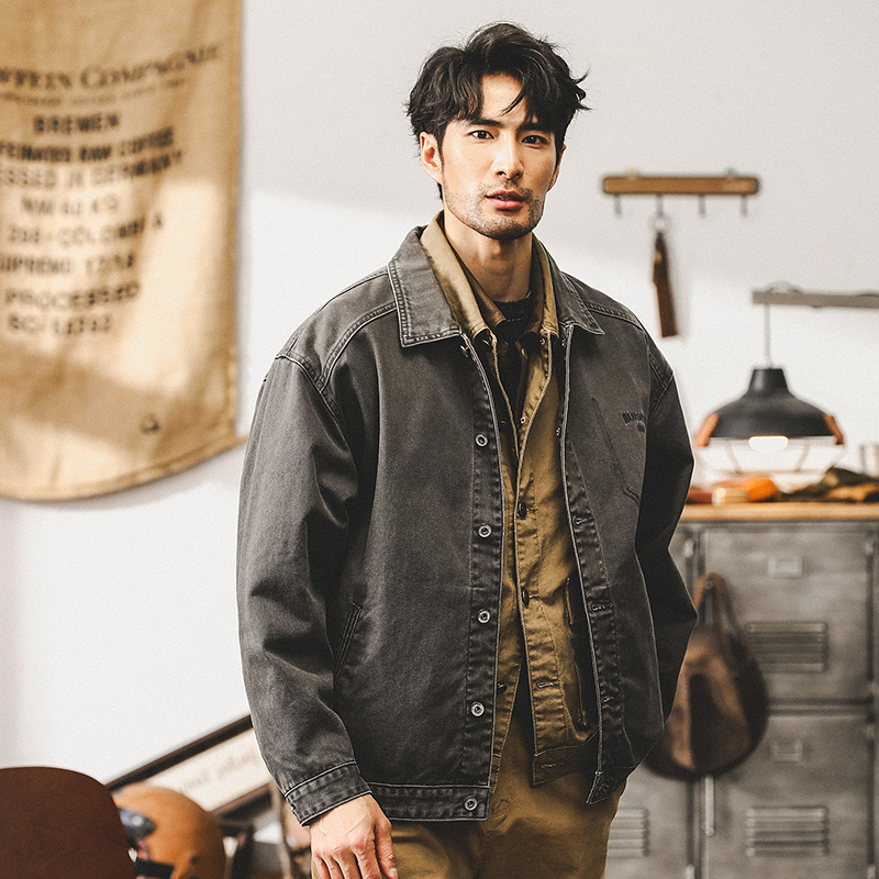 美式復古重磅牛仔外套男秋季2024新款寬鬆潮牌洗褪做舊工裝夾克男