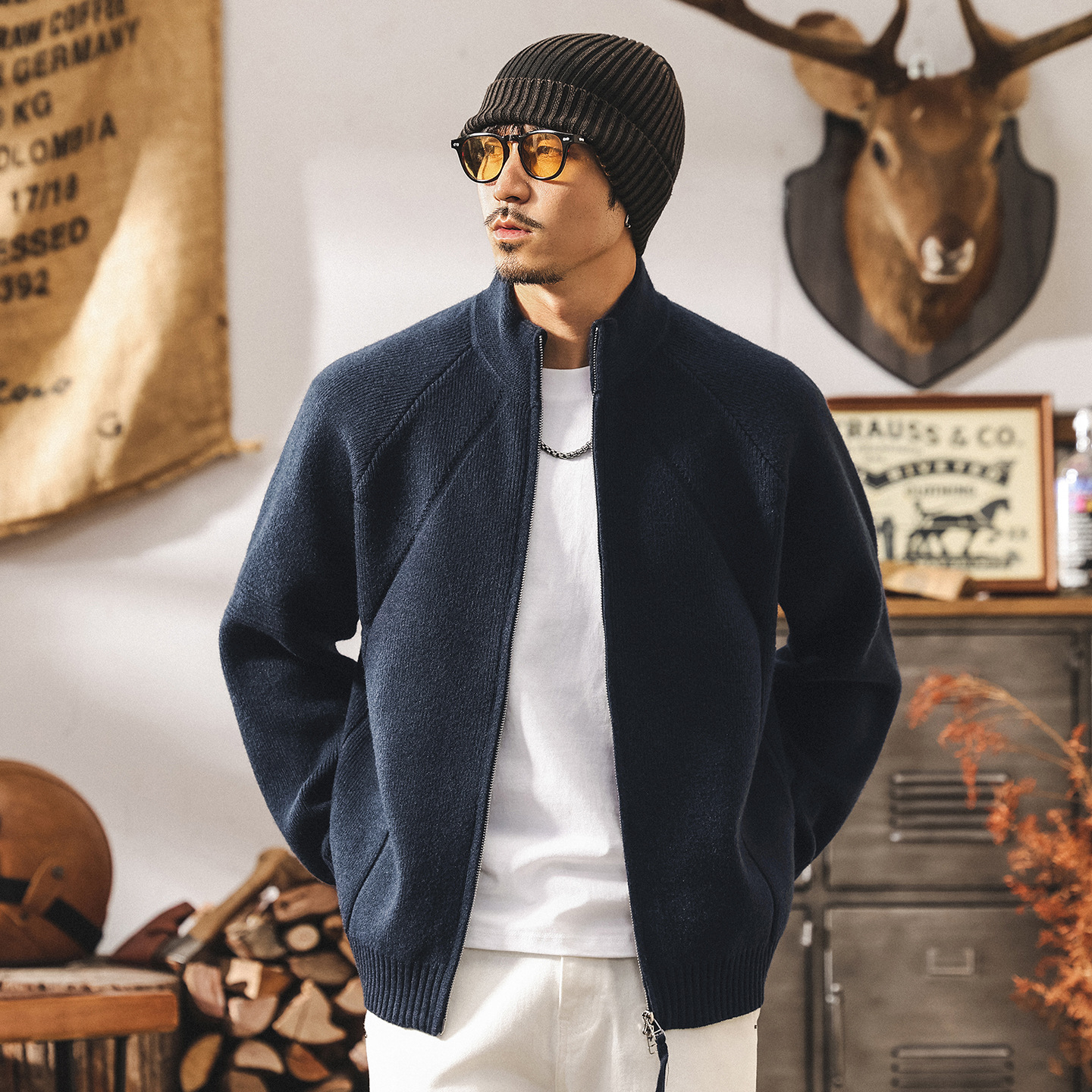 美式復古7針重磅開衫毛衣男春秋雙拉鍊半高領針織衫外套男士秋冬