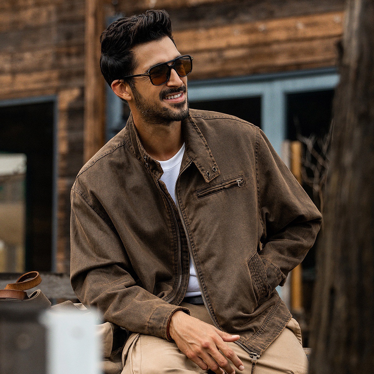 美式重磅復古油蠟皮工裝夾克男短款寬鬆潮牌硬漢獵裝春秋男士外套