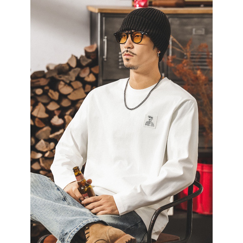 美式復古重磅長袖t恤男2025秋季新款寬鬆簡約潮牌男裝白色上衣男T