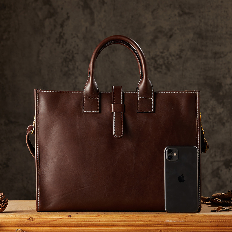 手工植鞣牛皮手提包電腦包男士頭層牛皮商務包簡約真皮單肩斜挎包