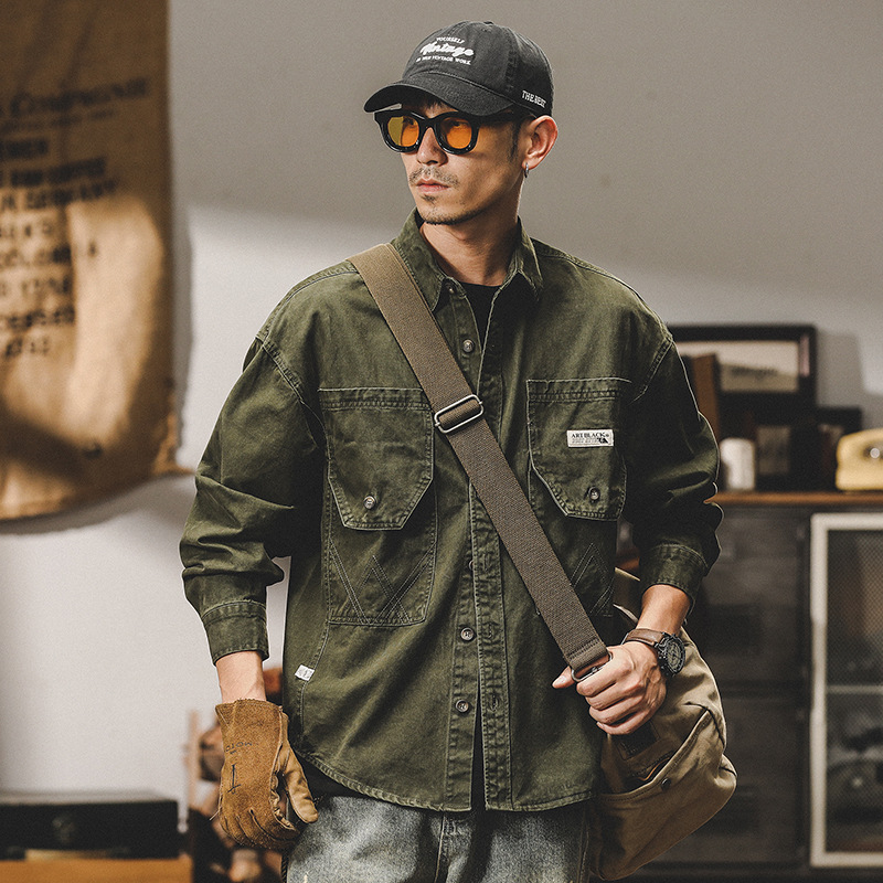 美式水洗重磅工裝夾克外套男2024新款寬鬆潮牌春季襯衫男長袖襯衫