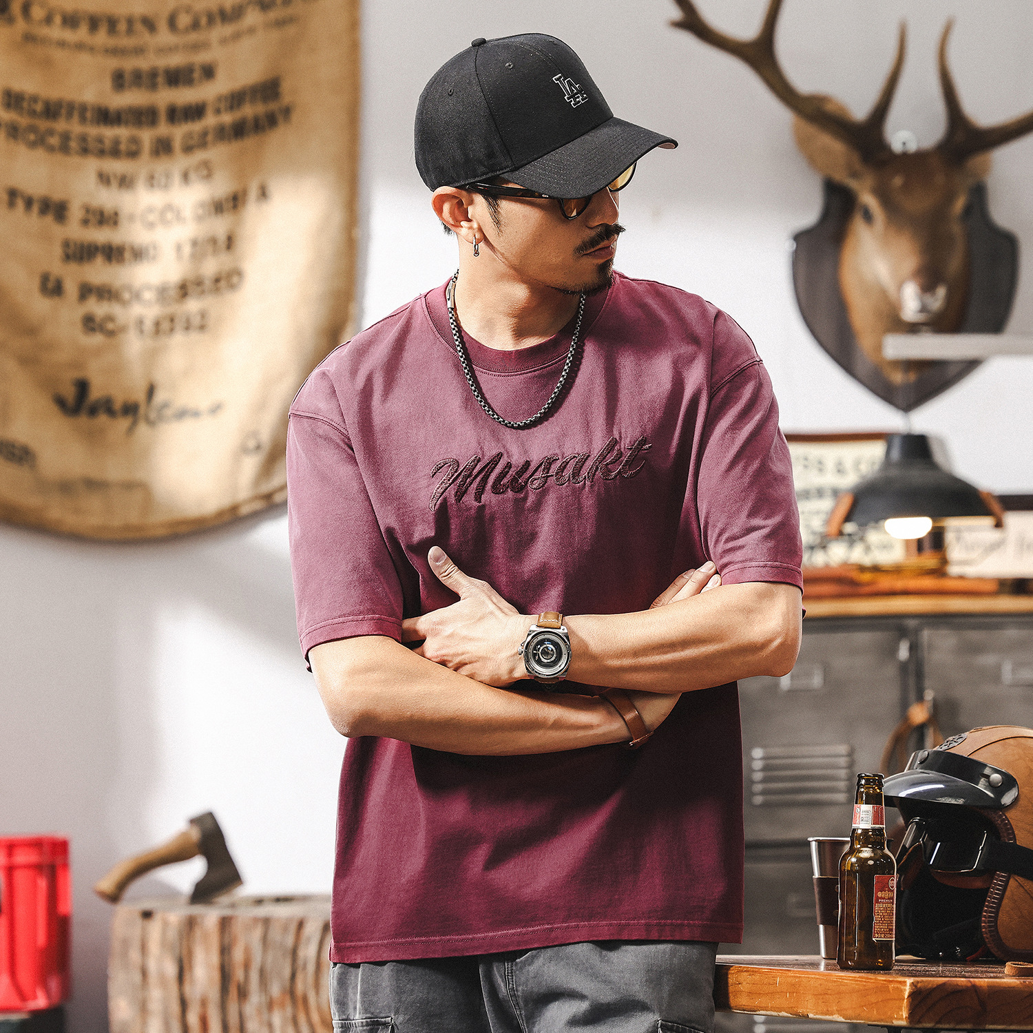 美式復古260g重磅T恤男短袖潮牌漸變水洗夏季寬鬆半袖上衣男