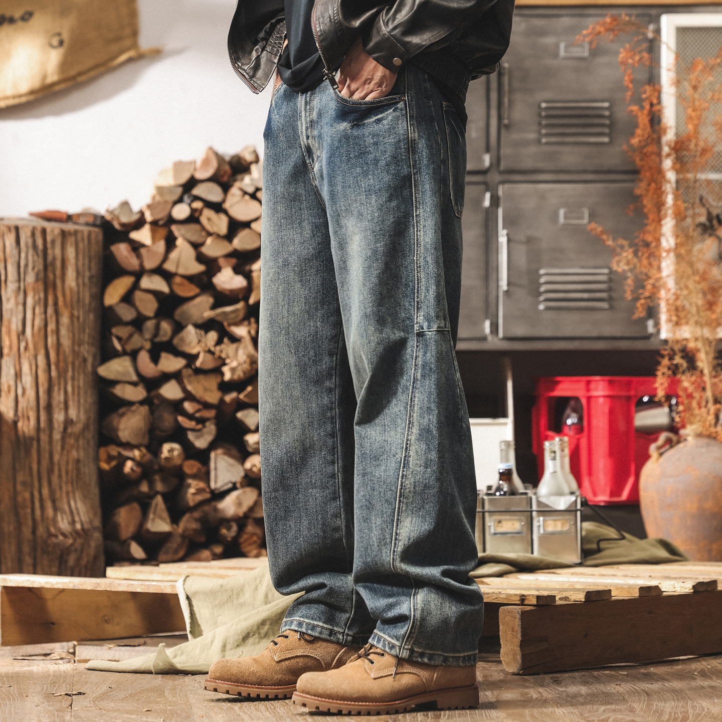 美式復古水洗彎刀牛仔褲男直筒2025新款潮流男士褲子寬鬆休閒長褲