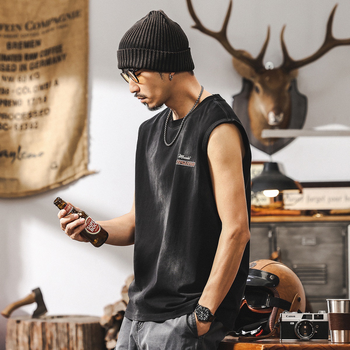 美式復古健身背心男款夏季寬鬆大碼運動重磅T恤男裝坎肩上衣T潮流