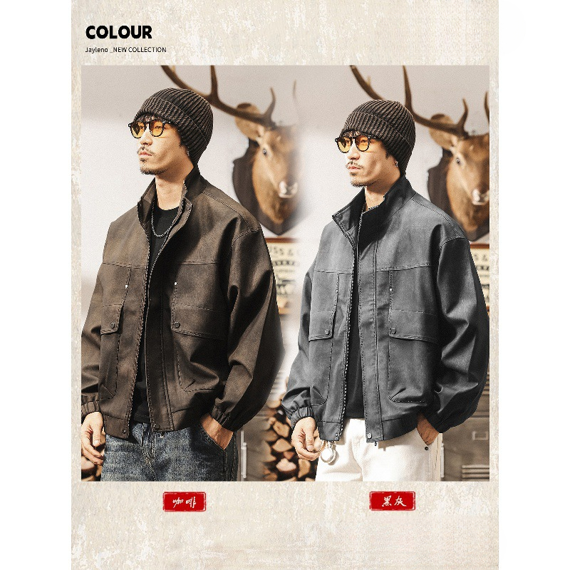 美式復古啞光做舊PU皮衣外套男春秋新款潮流痞帥機車立領工裝夾克